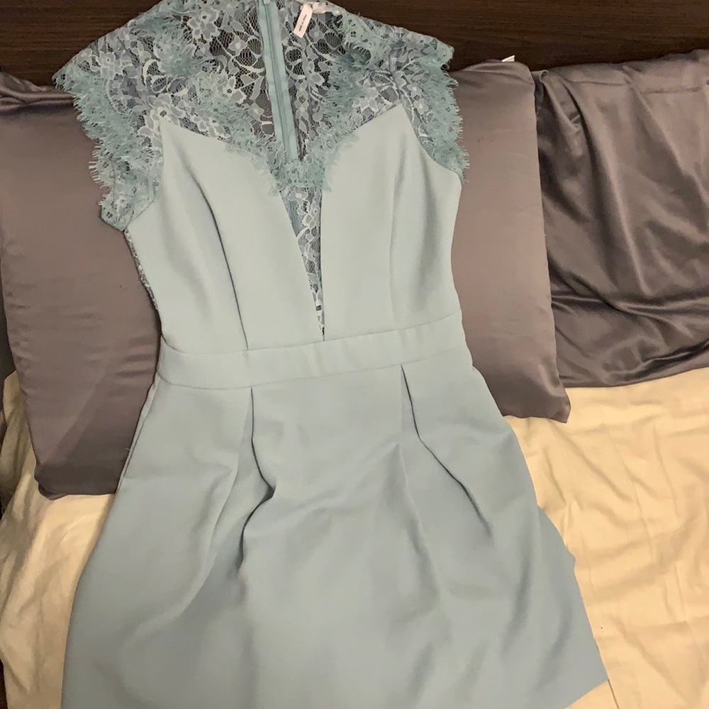 Blue lace zip-up dress with pockets
